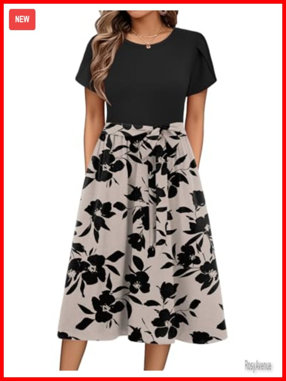 Women's Floral Midi Dress with Pockets Casual Summer T-Shirt Dress Flowy Beach